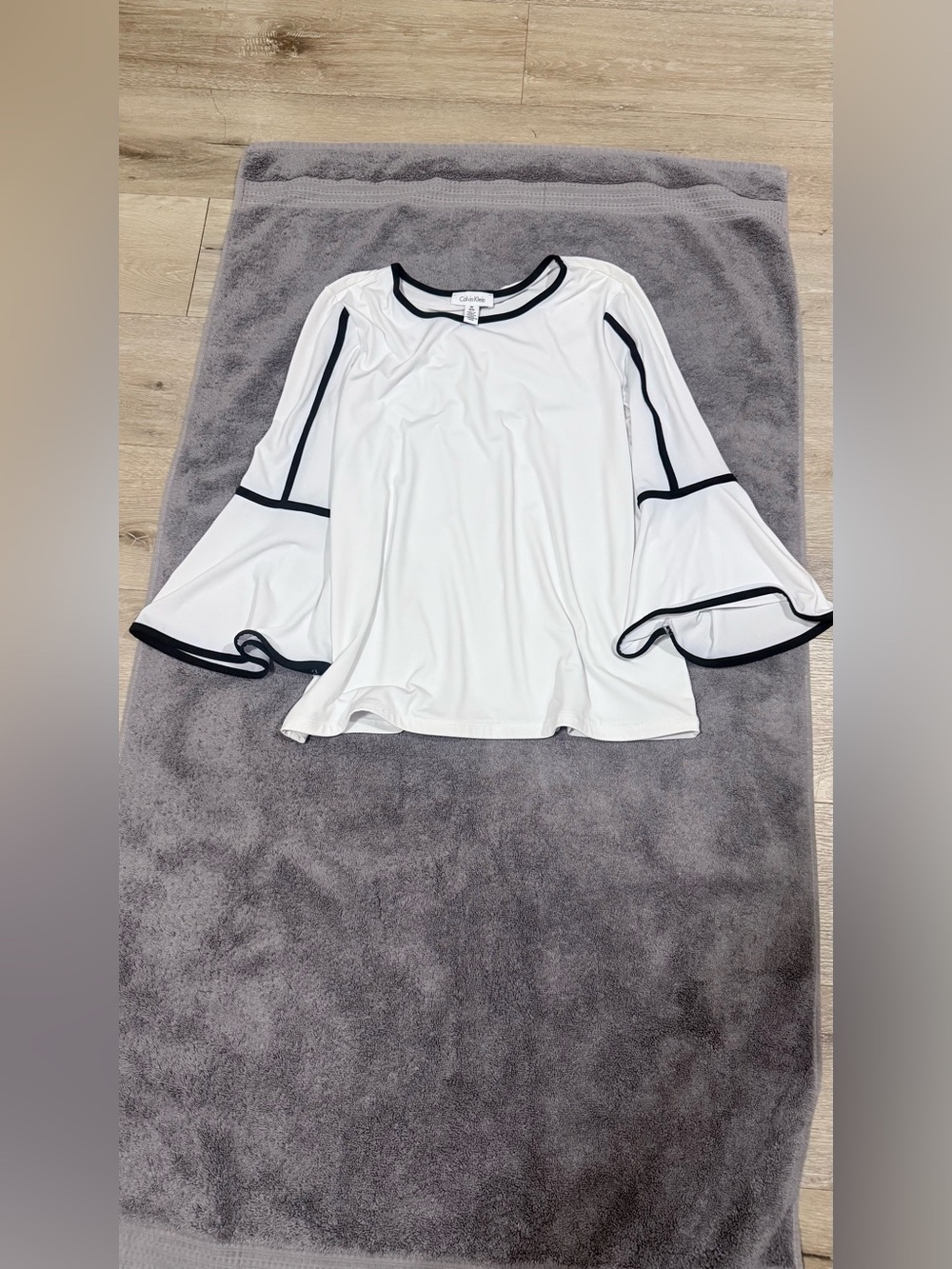 Calvin Klein White Bell Sleeve Top with Black Trim